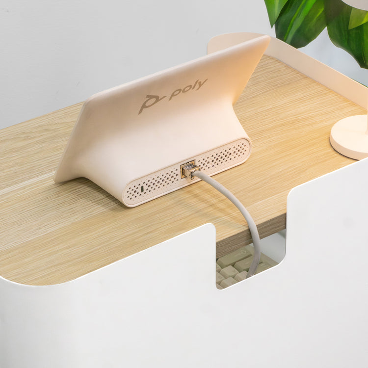 Minimal open pedestal cabinet with cable hole