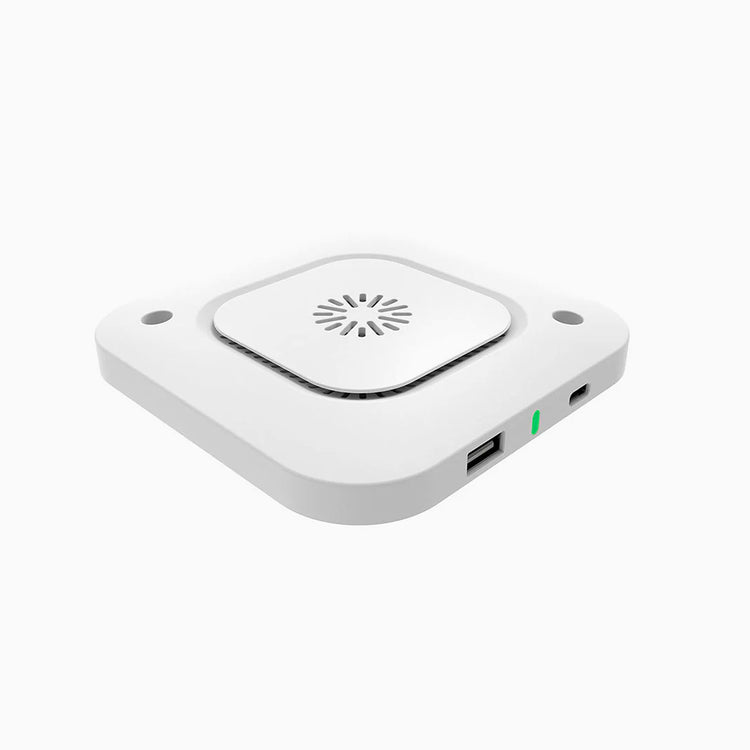Desky hidden under desk wireless charger in white angled view