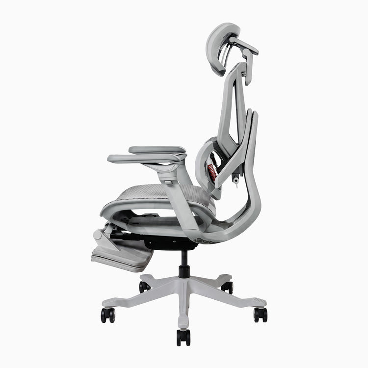Contourra ergonomic office chair in light grey side view with tucked foot rest
