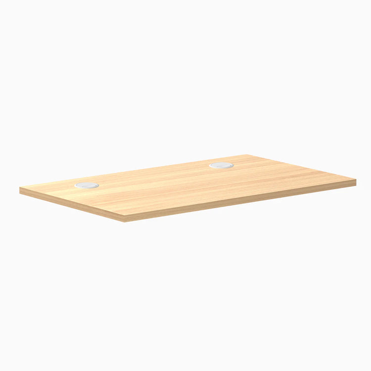 Sublime Teak 40x24 inch melamine laminate desktop with two silver grommets.