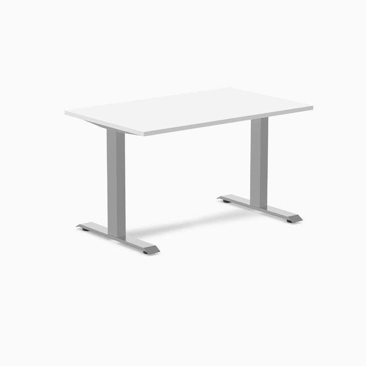 Desky Zero fixed height office desk with a white laminate top and sleek silver steel frame.