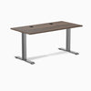 Desky Zero fixed-height office desk with Jarrah Legno laminate top, Space Gray steel frame, and grommets.