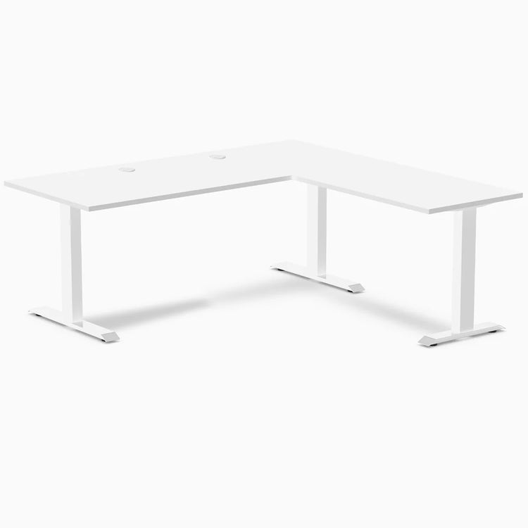 White Desky Zero Laminate L-shape office desk with steel frame and grommets.