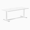 Desky Zero fixed-height office desk, 70.9x29.5 inch white laminate top with grommets, white steel frame.