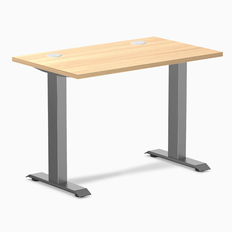 Desky Zero Mini sit-stand desk, 40x24 Sublime Teak top with grommets, Space Gray fixed-height legs.