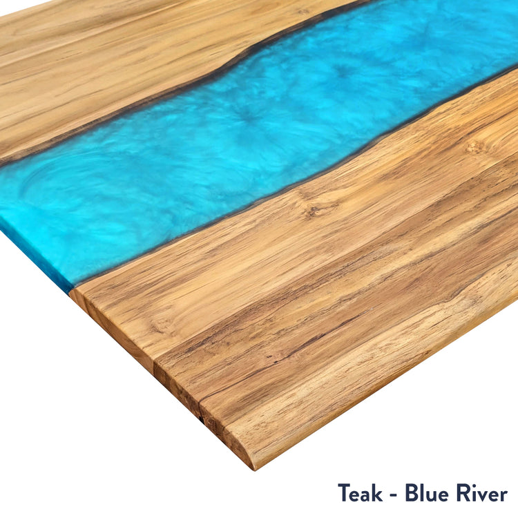 Teak hardwood desk with a vibrant blue resin river feature.
