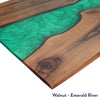 Walnut hardwood desk with a vibrant emerald green resin river design.