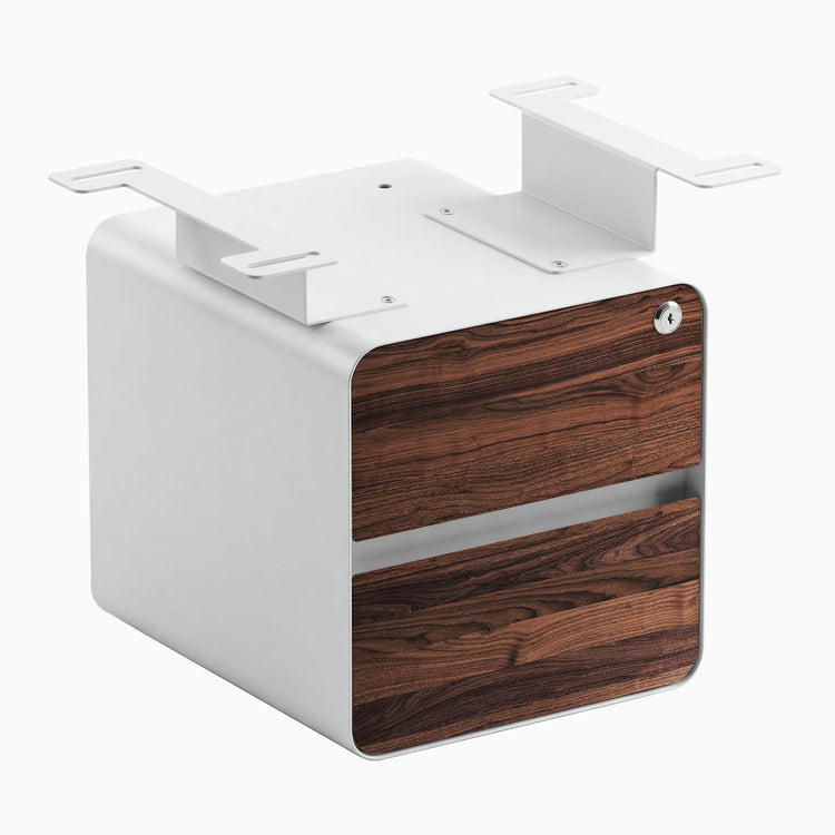 Desky minimal under desk cabinet white frame, walnut front