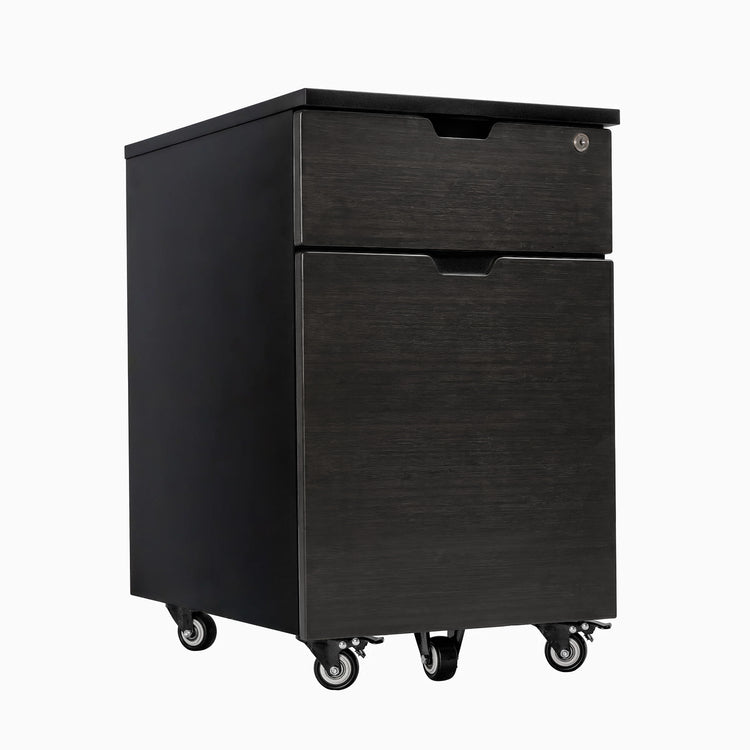 Desky Black Wooden Minimal Filing Cabinet with Dark Bamboo drawers, two drawers, and casters.