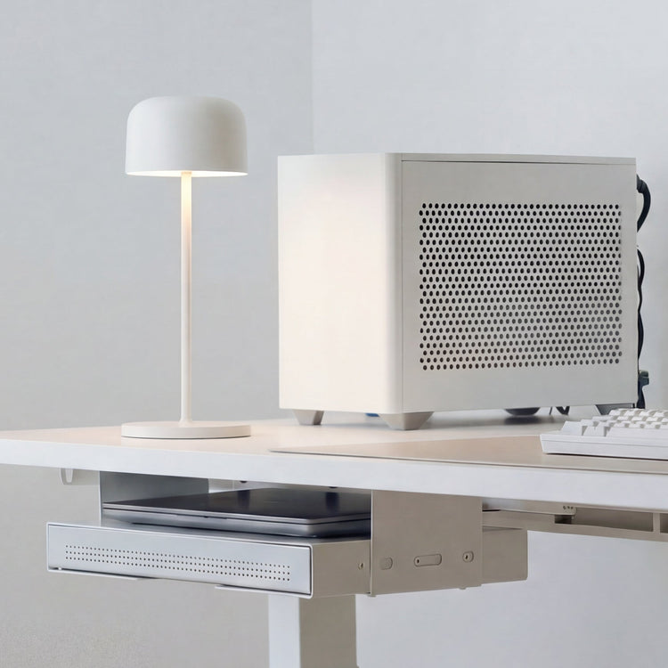 Desky rechargeable cordless lamp in white on top of desk