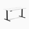 White Desky Single Sit Stand Desk, 59x29.5 inches, with black frame, grommets, and control panel.
