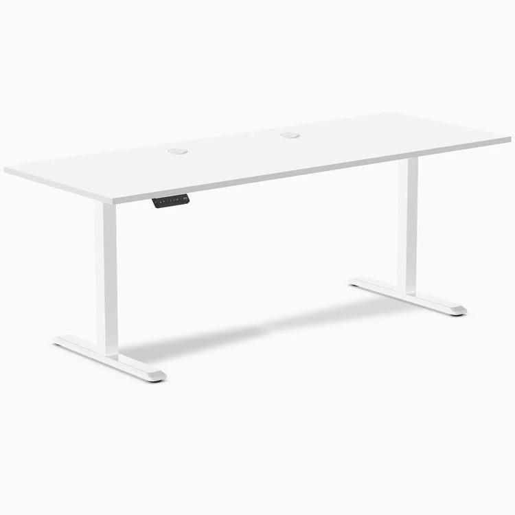 White Desky Single Sit Stand Desk, 78.7x29.5 inches, with two grommets and control panel.
