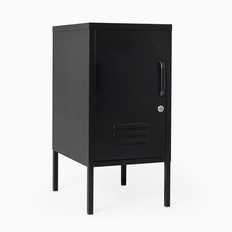 Black metal locker with a handle on a white background