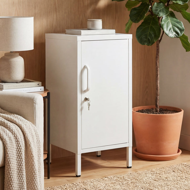 Sidekick metal locker in white in living room