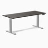 Desky Dual Laminate Sit Stand Desk with dark wood top and silver adjustable legs, featuring a control panel.