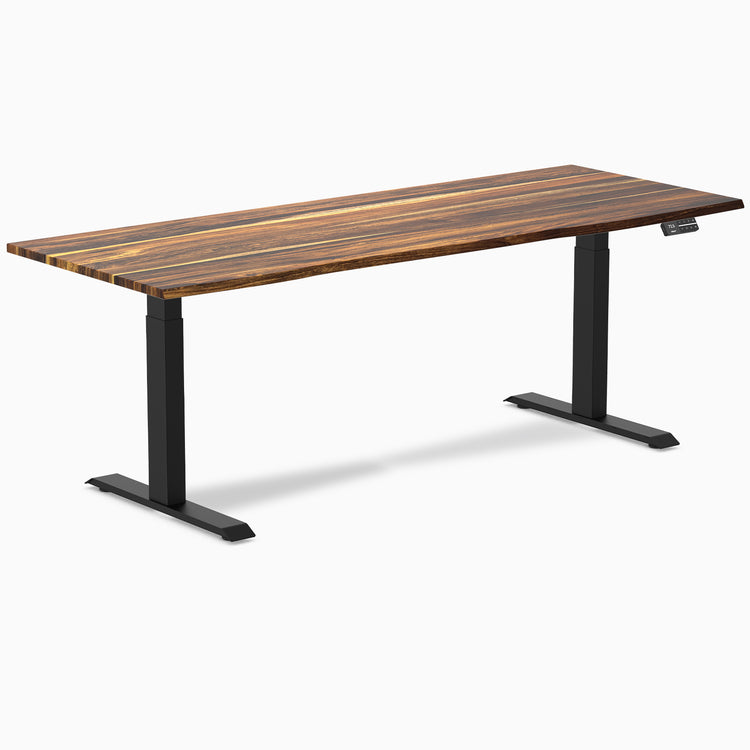 Desky Dual Pheasantwood Hardwood Sit Stand Desk with black frame