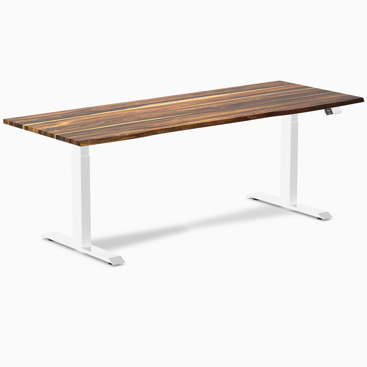 Desky Dual Pheasantwood Hardwood Sit Stand Desk with white frame