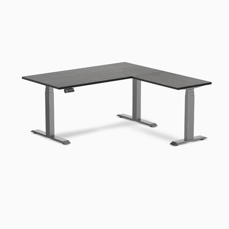Desky Dark Bamboo L-Shape Sit Stand Desk 1500mm with space grey frame